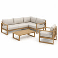Salon de jardin ensemble canapé d’angle fauteuil et table basse bois d’acacia massif coussins polyester beige 220 cm 160 cm 70 cm