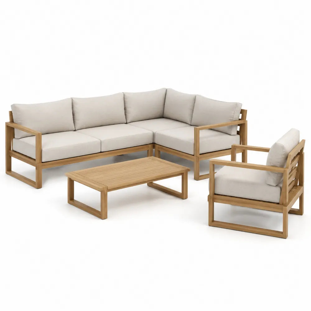 Salon de jardin ensemble canapé d’angle fauteuil et table basse bois d’acacia massif coussins polyester beige 220 cm 160 cm 70 cm