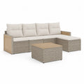 Canapé de jardin d’angle 4 à 5 places résine tressée polyéthylène structure aluminium coussins polyester beige table basse bois à lattes 245 cm 180 cm 76 cm