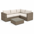 Canapés de jardin d’angle 4 places résine tressée polyéthylène structure aluminium plateau verre trempé table basse beige gris 220 cm 220 cm 65 cm