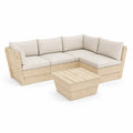 Canapé de jardin d’angle bois massif pin coussins polyester beige table basse assortie structure modulable 200 x 200 x 70 cm