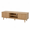 Meuble TV portes à lattes niche centrale ouverte en MDF finition chêne clair pieds en bois massif dimensions 180 cm 40 cm 50 cm