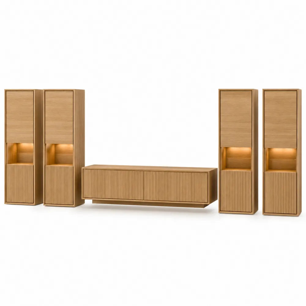 Ensemble meuble TV modulable 5 pièces avec 4 colonnes et meuble bas bois décor chêne clair MDF mélaminé éclairage LED 340 cm 40 cm 165 cm