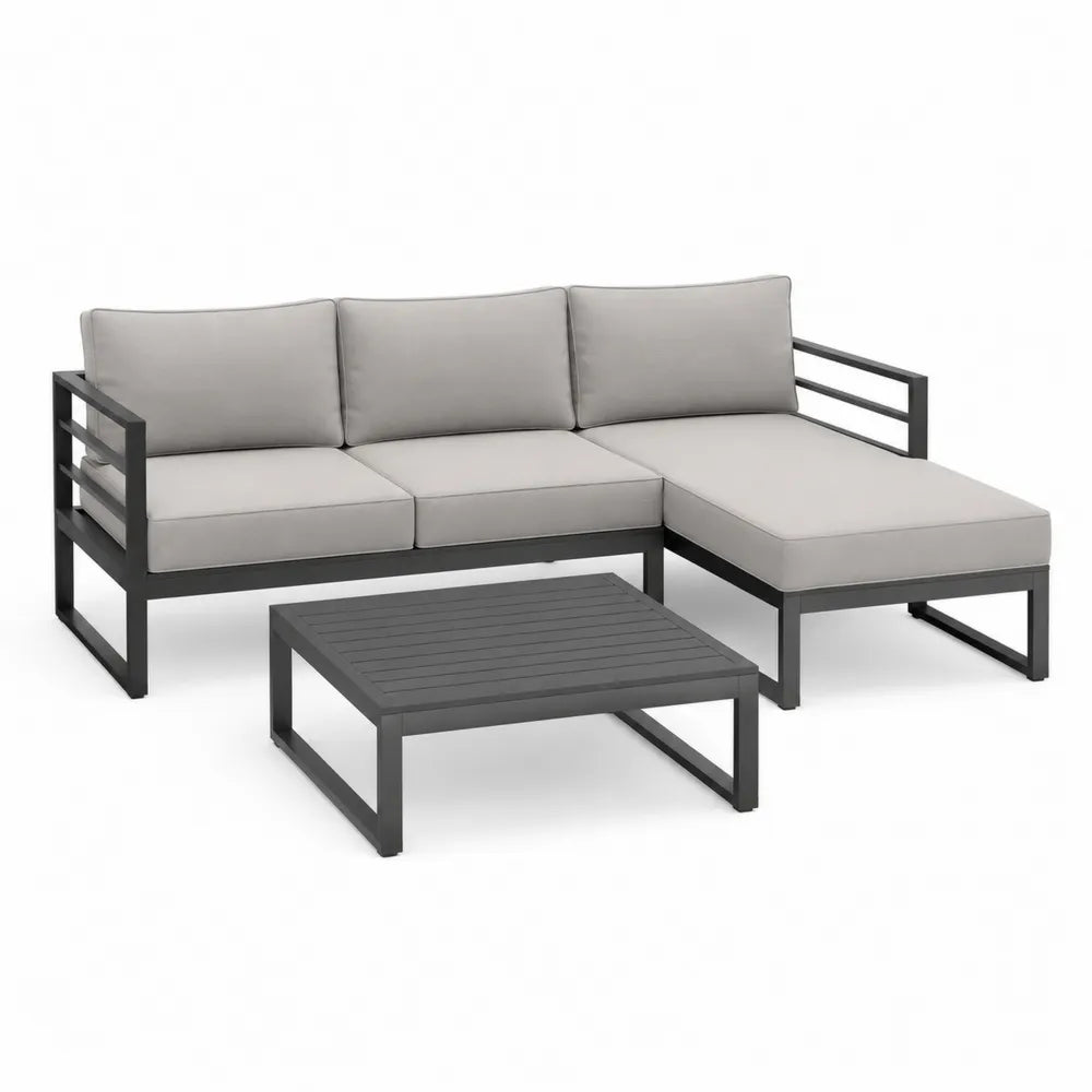 Salon de jardin canapé d’angle droit 3 places avec méridienne droite table basse structure en acier thermolaqué gris anthracite coussins polyester gris clair 215 cm 145 cm 65 cm