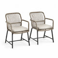 Lot de 2 chaises de jardin avec accoudoirs dossier en corde résine PE structure acier peint époxy noir coussin polyester beige taupe 58 cm 62 cm 86 cm