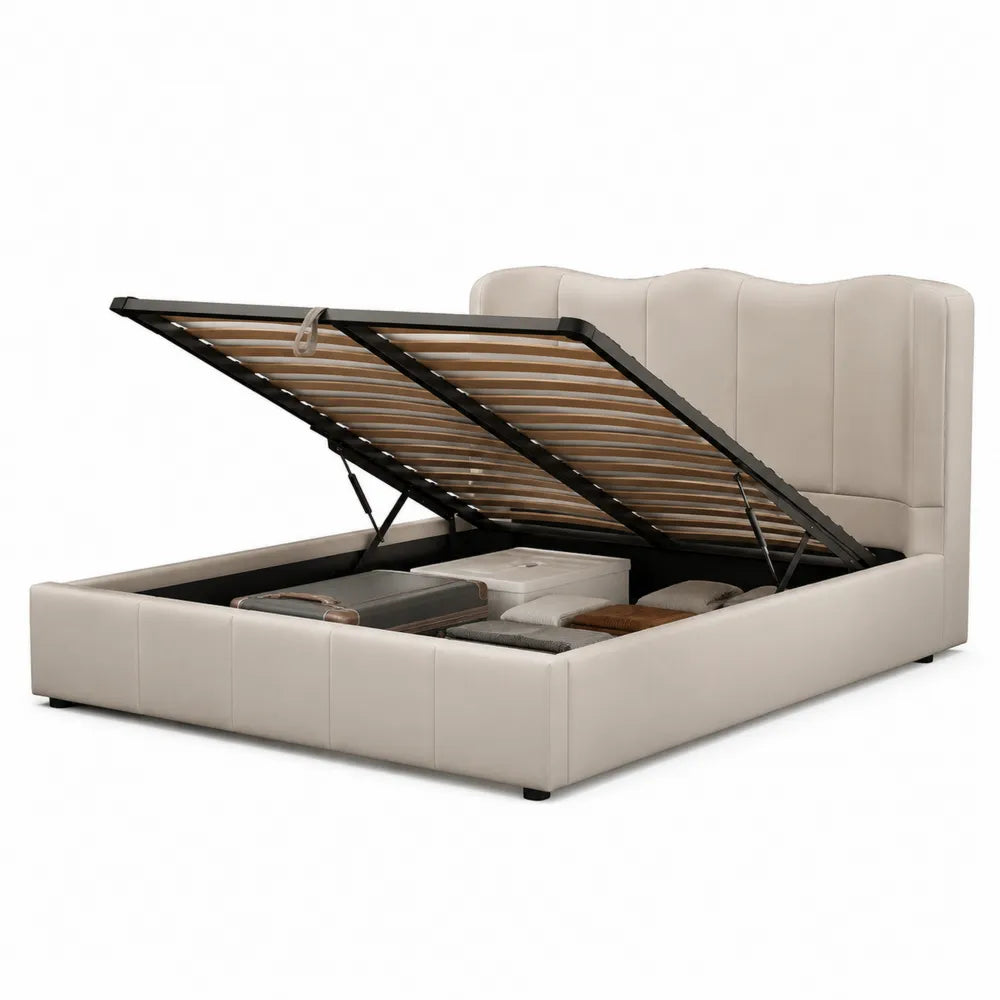 Lit coffre 160x200 cm lit double cadre de lit relevable avec sommier à lattes structure MDF revêtement tissu polyester beige tête de lit rembourrée structure acier noir