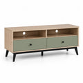 Meuble TV bas rectangulaire 2 tiroirs 2 niches ouvertes MDF finition chêne clair façades vert sauge pieds inclinés noirs dimensions 160 cm 40 cm 52 cm