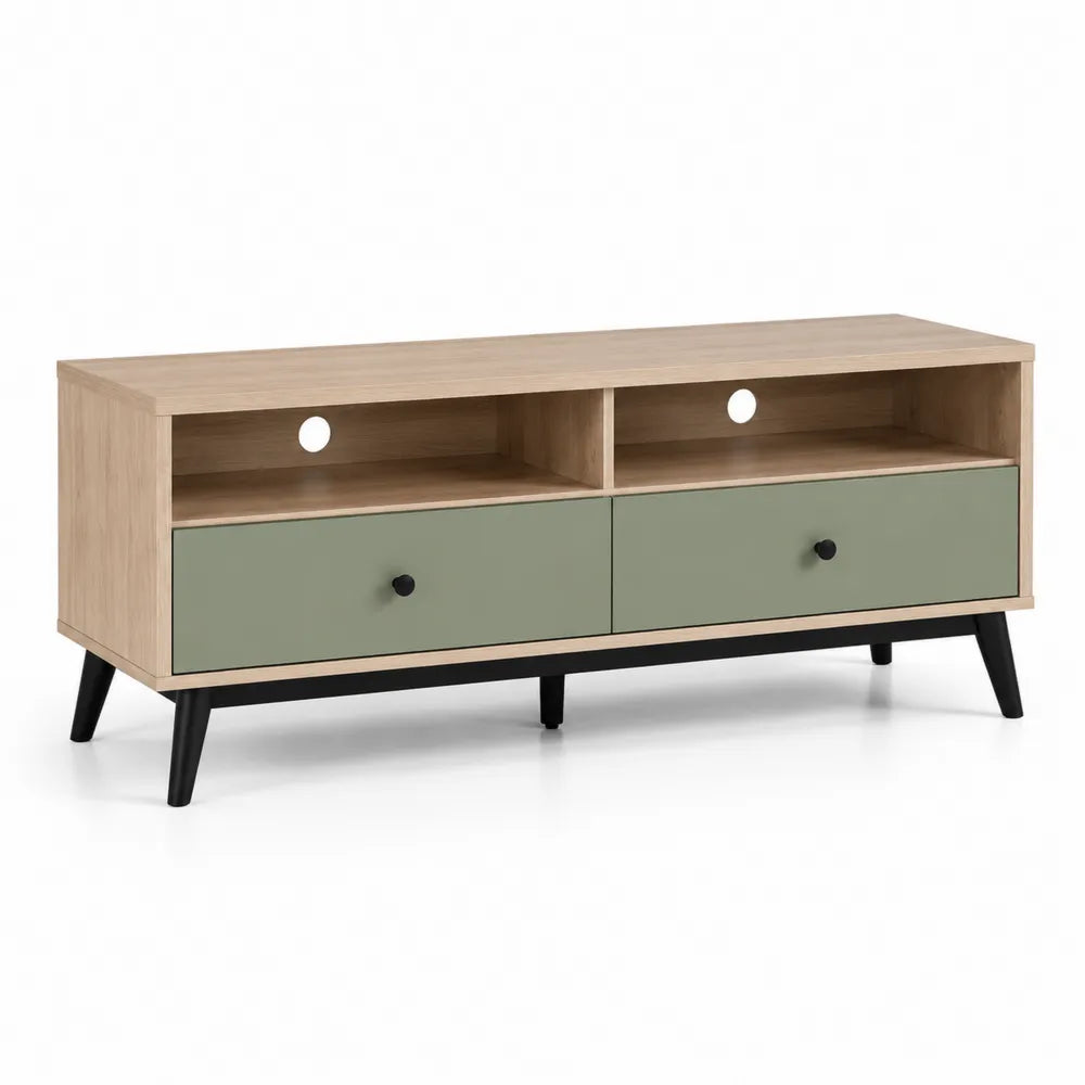 Meuble TV bas rectangulaire 2 tiroirs 2 niches ouvertes MDF finition chêne clair façades vert sauge pieds inclinés noirs dimensions 160 cm 40 cm 52 cm