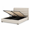 Lit coffre 180 x 200 cm cadre de lit avec rangement sommier relevable tête de lit rembourrée tissu beige structure métallique noir rectangulaire