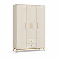 Armoire 120 x 55 x 190 cm 3 portes 2 tiroirs panneaux MDF finition beige cannelé poignées et pieds dorés structure rectangulaire