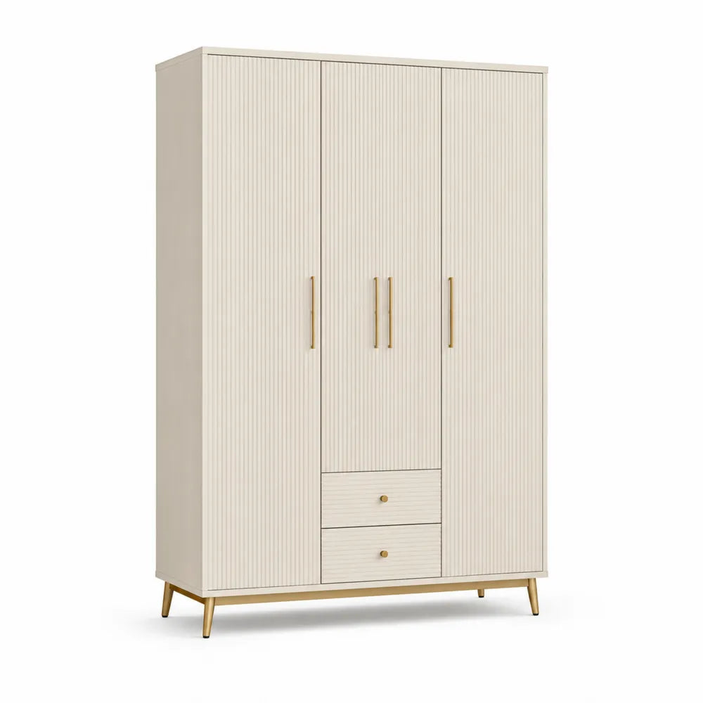 Armoire 120 x 55 x 190 cm 3 portes 2 tiroirs panneaux MDF finition beige cannelé poignées et pieds dorés structure rectangulaire