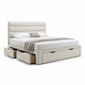Lit coffre avec tiroirs 160 x 200 cm cadre de lit avec tête de lit rembourrée tissu beige structure MDF et métal avec rangements latéraux rectangulaire