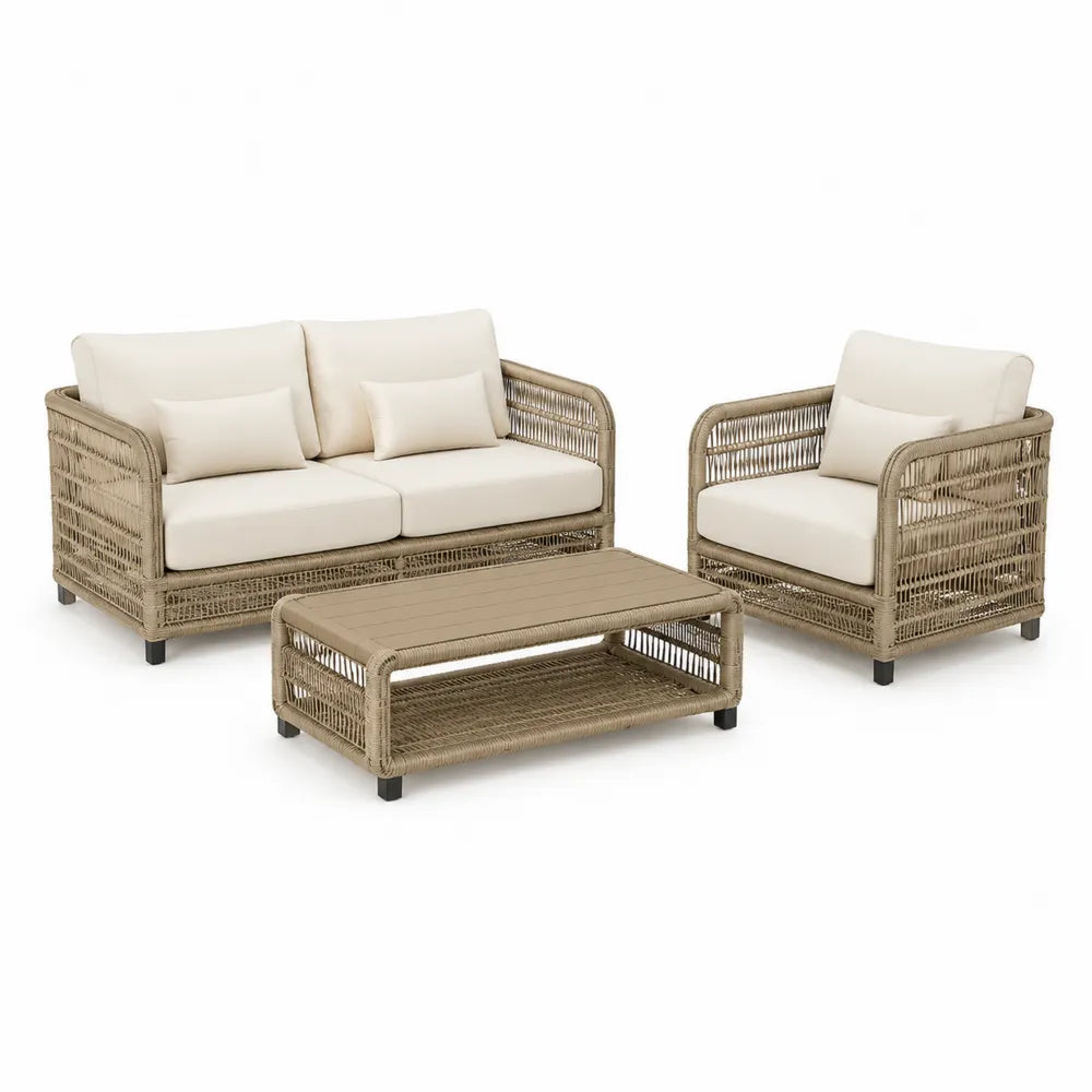 Salon de jardin ensemble canapé 2 places fauteuil et table basse résine tressée PE beige coussins polyester écru structure acier aluminium 3 pièces