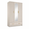 Armoire 3 portes 120 x 52 x 190 cm MDF mélaminé beige avec miroir central arqué façades cannelées et poignées dorées