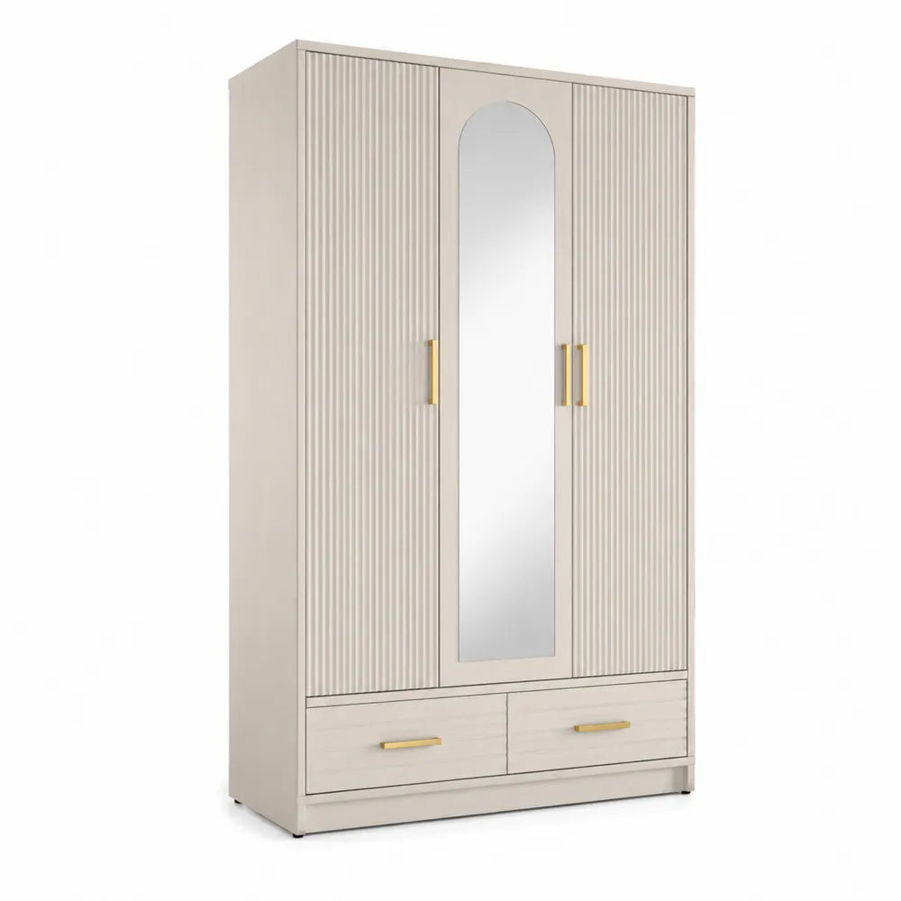 Armoire 3 portes 120 x 52 x 190 cm MDF mélaminé beige avec miroir central arqué façades cannelées et poignées dorées