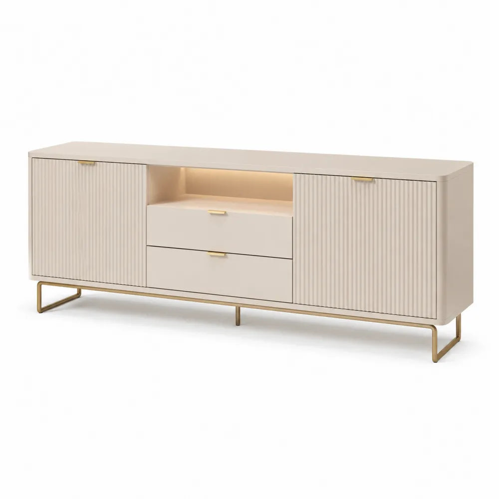 Meuble TV bas rectangulaire 2 portes 2 tiroirs niche centrale LED MDF finition beige pieds métal doré dimensions environ 200 cm 40 cm 55 cm