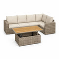 Canapé de jardin d’angle 5 places résine tressée aluminium coussins polyester beige table basse coffre plateau bois 220 cm 170 cm 65 cm