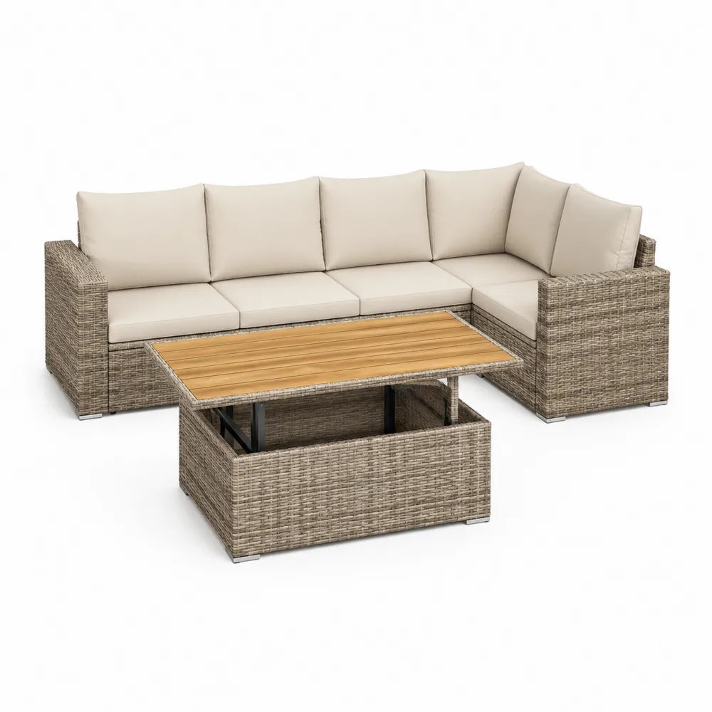 Canapé de jardin d’angle 5 places résine tressée aluminium coussins polyester beige table basse coffre plateau bois 220 cm 170 cm 65 cm