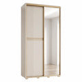 Armoire coulissante 120 x 60 x 200 cm avec porte miroir et panneaux rainurés structure MDF mélaminé beige cadre aluminium doré