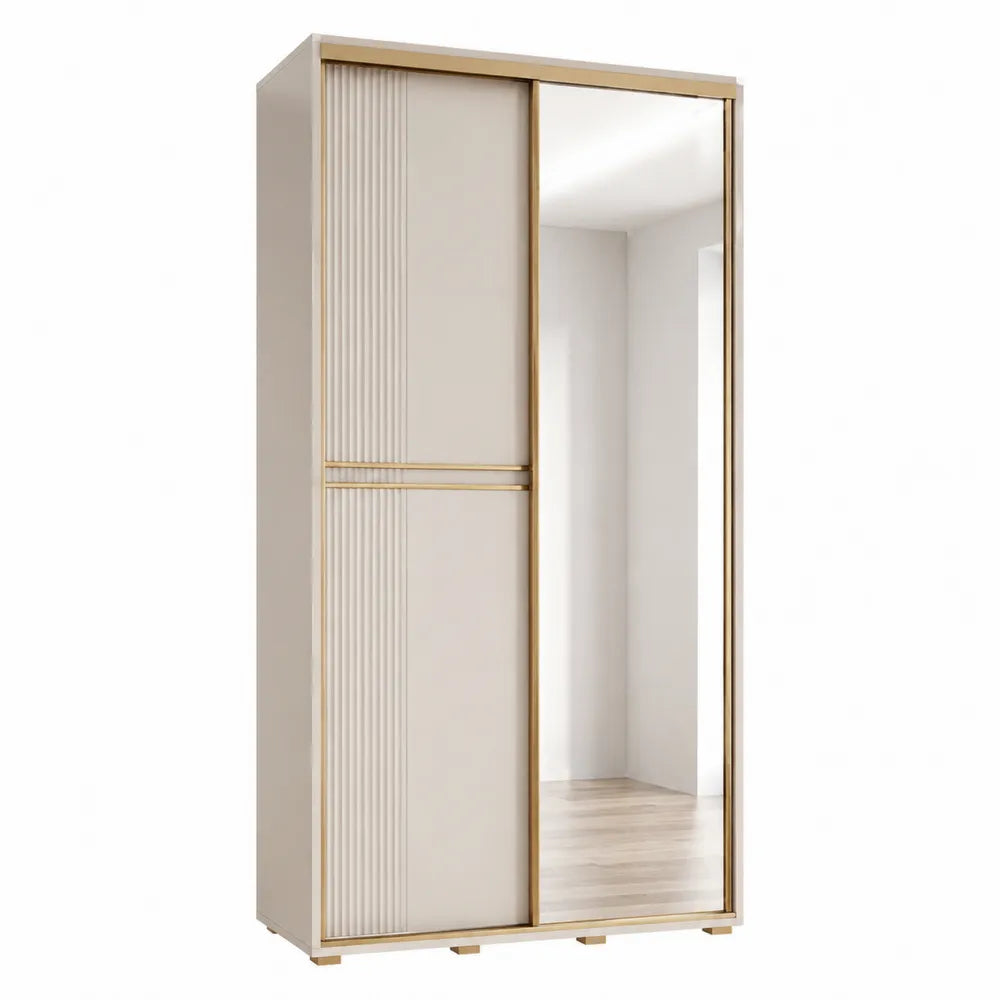 Armoire coulissante 120 x 60 x 200 cm avec porte miroir et panneaux rainurés structure MDF mélaminé beige cadre aluminium doré