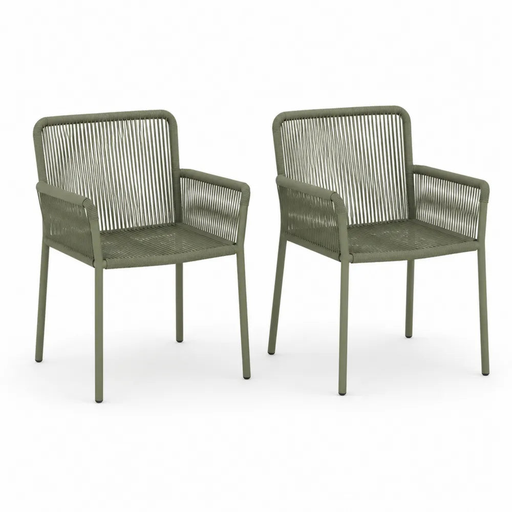 Chaises de jardin lot de 2 corde polyester tressée structure acier thermolaqué vert sauge accoudoirs 55 cm 60 cm 80 cm
