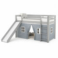 Lit mezzanine enfant 200x90 cm en bois gris blanc avec toboggan échelle et espace cabane avec rideaux bleus