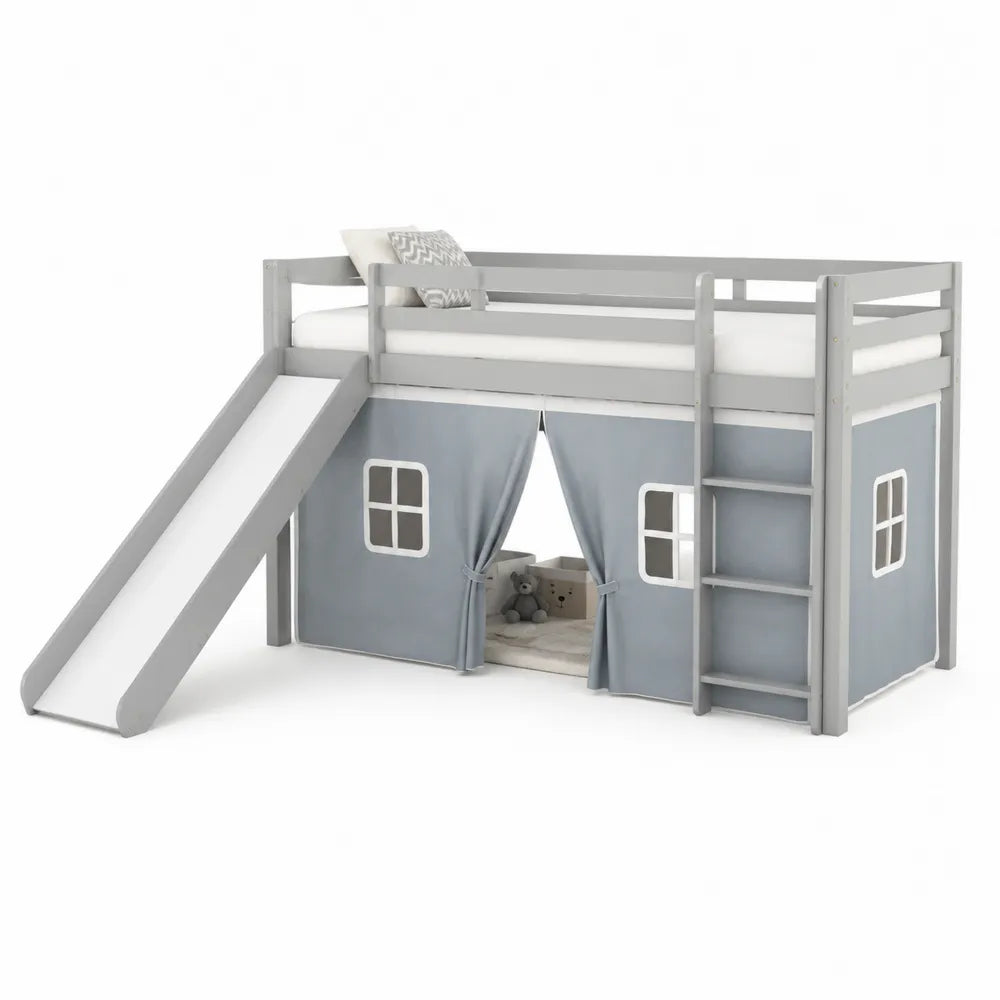 Lit mezzanine enfant 200x90 cm en bois gris blanc avec toboggan échelle et espace cabane avec rideaux bleus