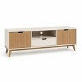 Meuble TV bas 170 x 40 x 50 cm bois clair blanc cassé portes coulissantes rainurées niche centrale tiroir pieds bois massif