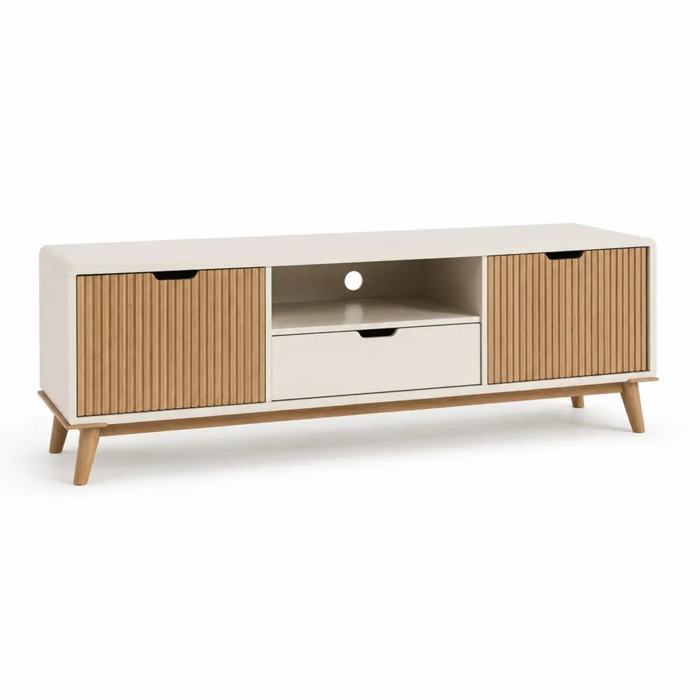 Meuble TV bas 170 x 40 x 50 cm bois clair blanc cassé portes coulissantes rainurées niche centrale tiroir pieds bois massif