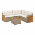 Canapé de jardin d’angle 5 places résine tressée aluminium coussins polyester bois d’acacia table basse coffre plateau bois 200 cm 200 cm 70 cm