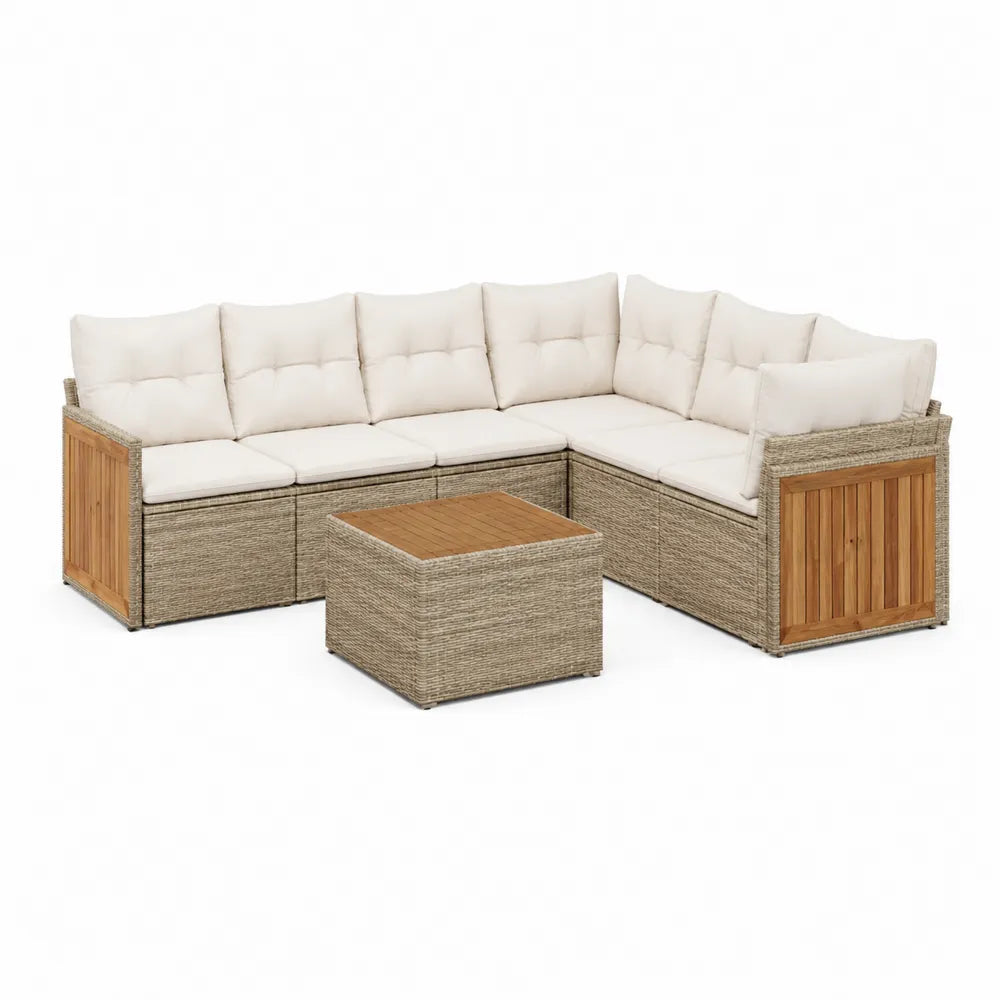 Canapé de jardin d’angle 5 places résine tressée aluminium coussins polyester bois d’acacia table basse coffre plateau bois 200 cm 200 cm 70 cm