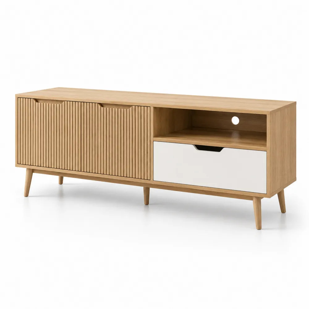 Meuble TV rectangulaire bois effet chêne MDF portes rainurées tiroir niche ouverte passe-câbles pieds bois naturel 180 x 40 x 50 cm