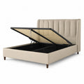 Lit coffre 160x200 cm lit double cadre de lit relevable sommier à lattes structure MDF revêtement tissu polyester beige tête de lit capitonnée pieds en bois brun structure acier noir