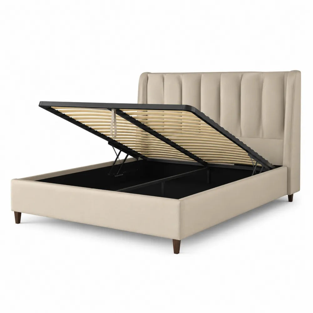 Lit coffre 160x200 cm lit double cadre de lit relevable sommier à lattes structure MDF revêtement tissu polyester beige tête de lit capitonnée pieds en bois brun structure acier noir