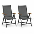 Lot de 2 chaises de jardin structure acier noir assise et dossier textilène gris accoudoirs en bois d’acacia 55 cm 70 cm 90 cm
