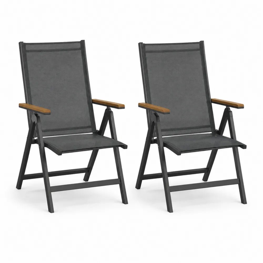 Lot de 2 chaises de jardin structure acier noir assise et dossier textilène gris accoudoirs en bois d’acacia 55 cm 70 cm 90 cm