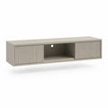Meuble TV bas rectangulaire 2 portes coulissantes cannelées niche centrale ouverte MDF finition beige sable dimensions 180 cm 40 cm 40 cm