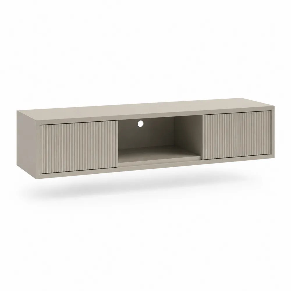 Meuble TV bas rectangulaire 2 portes coulissantes cannelées niche centrale ouverte MDF finition beige sable dimensions 180 cm 40 cm 40 cm