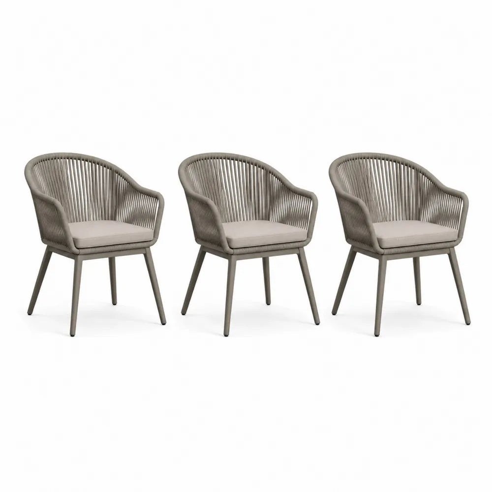Chaise de jardin lot de 3 structure aluminium corde tressée polyester coussin assise beige dossier gris dimensions 56 x 60 x 80 cm