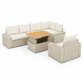 Canapé de jardin d’angle 5 places résine tressée polyéthylène aluminium coussins polyester beige table basse coffre bois à lattes 240 cm 180 cm 70 cm