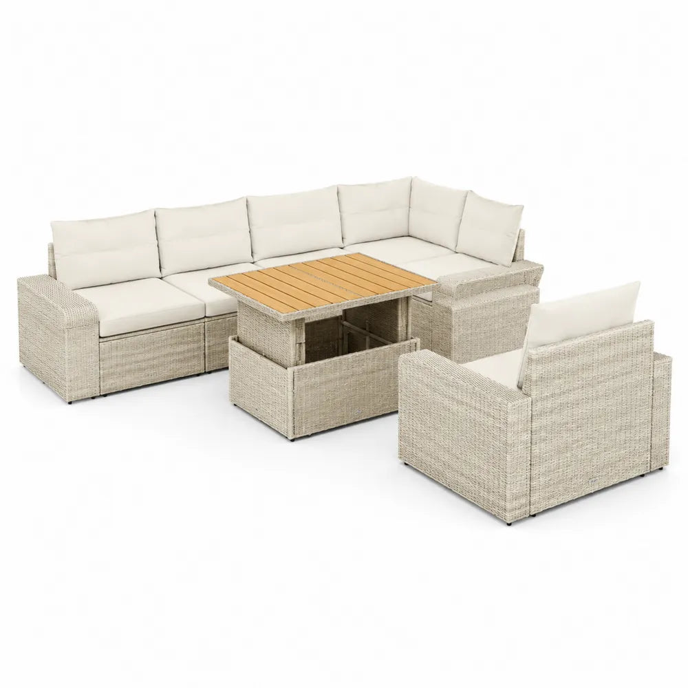Canapé de jardin d’angle 5 places résine tressée polyéthylène aluminium coussins polyester beige table basse coffre bois à lattes 240 cm 180 cm 70 cm