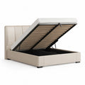 Lit coffre 160 x 200 cm cadre de lit relevable avec tête de lit rembourrée tissu beige sommier à lattes structure métal noir rectangulaire