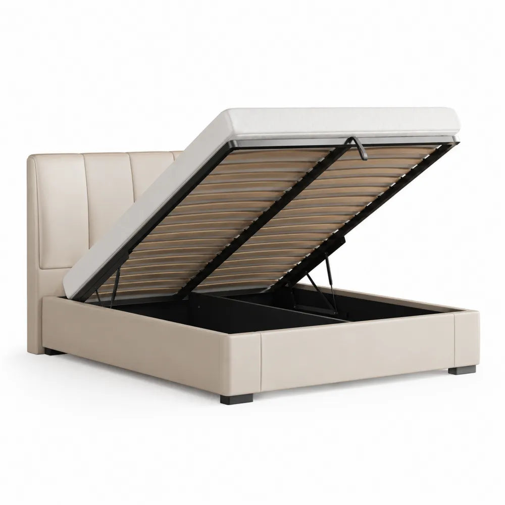 Lit coffre 160 x 200 cm cadre de lit relevable avec tête de lit rembourrée tissu beige sommier à lattes structure métal noir rectangulaire